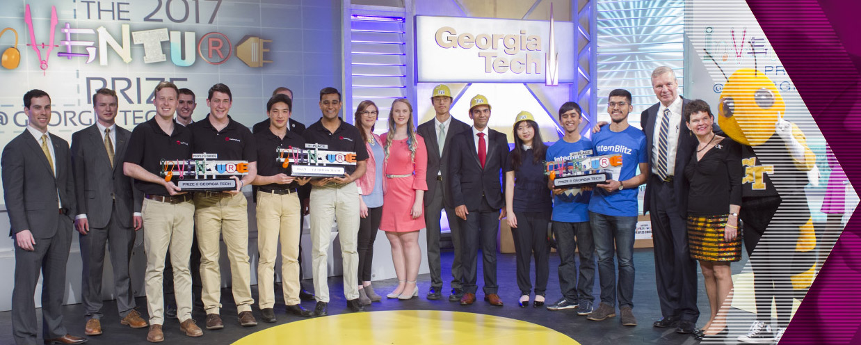President Peterson and First Lady Val Peterson stand with the 2017 Inventure Prize finalists and winners.