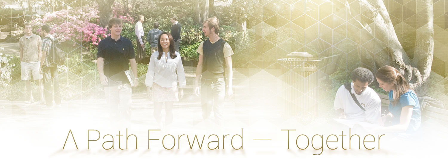 Students walking on campus with optimistic golden light shining around them